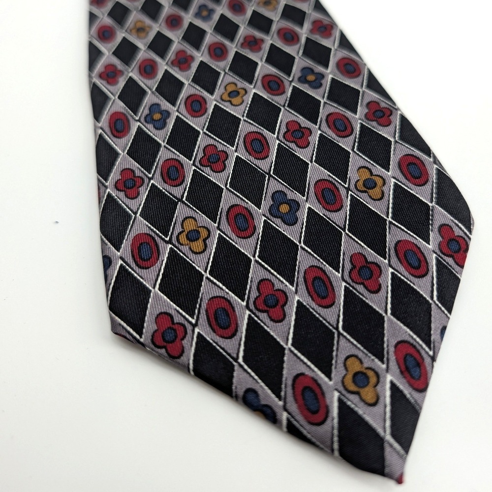 Monsieur Givenchy Silk Tie Vintage Diamond Floral Harlequin Geometric‎ Navy Red